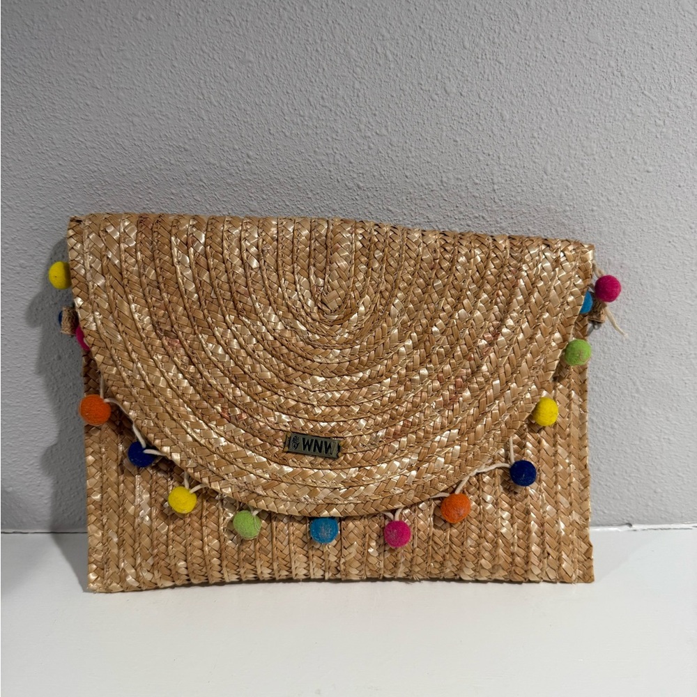 Woven Straw Clutch with Colorful Pom Poms